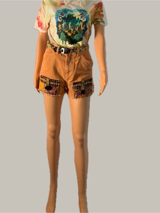Upcycled Pants - Boho Tan Patch Pocket Jean Shorts with Decorative Trim